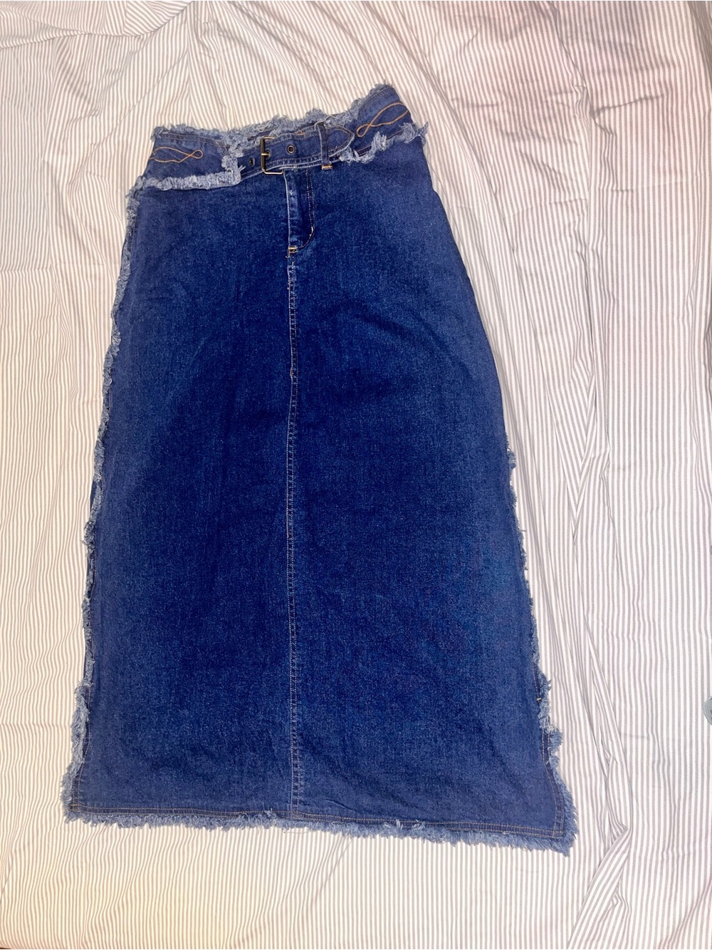 Dark Blue Denim Midi Skirt with Frayed Trim